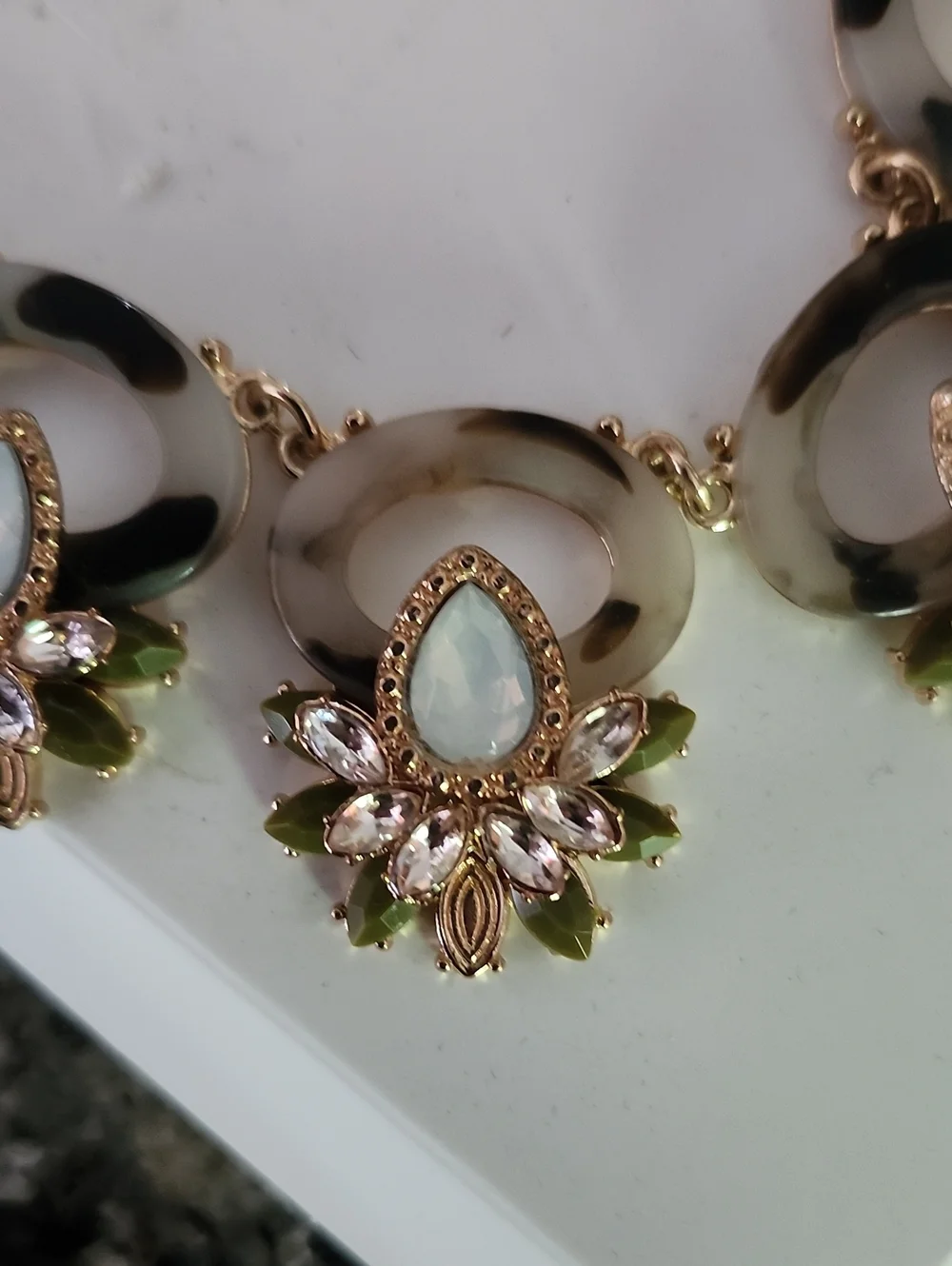 Gold-Tone Tortoise Shell Green & Cream Floral Statement Necklace and Earring Set